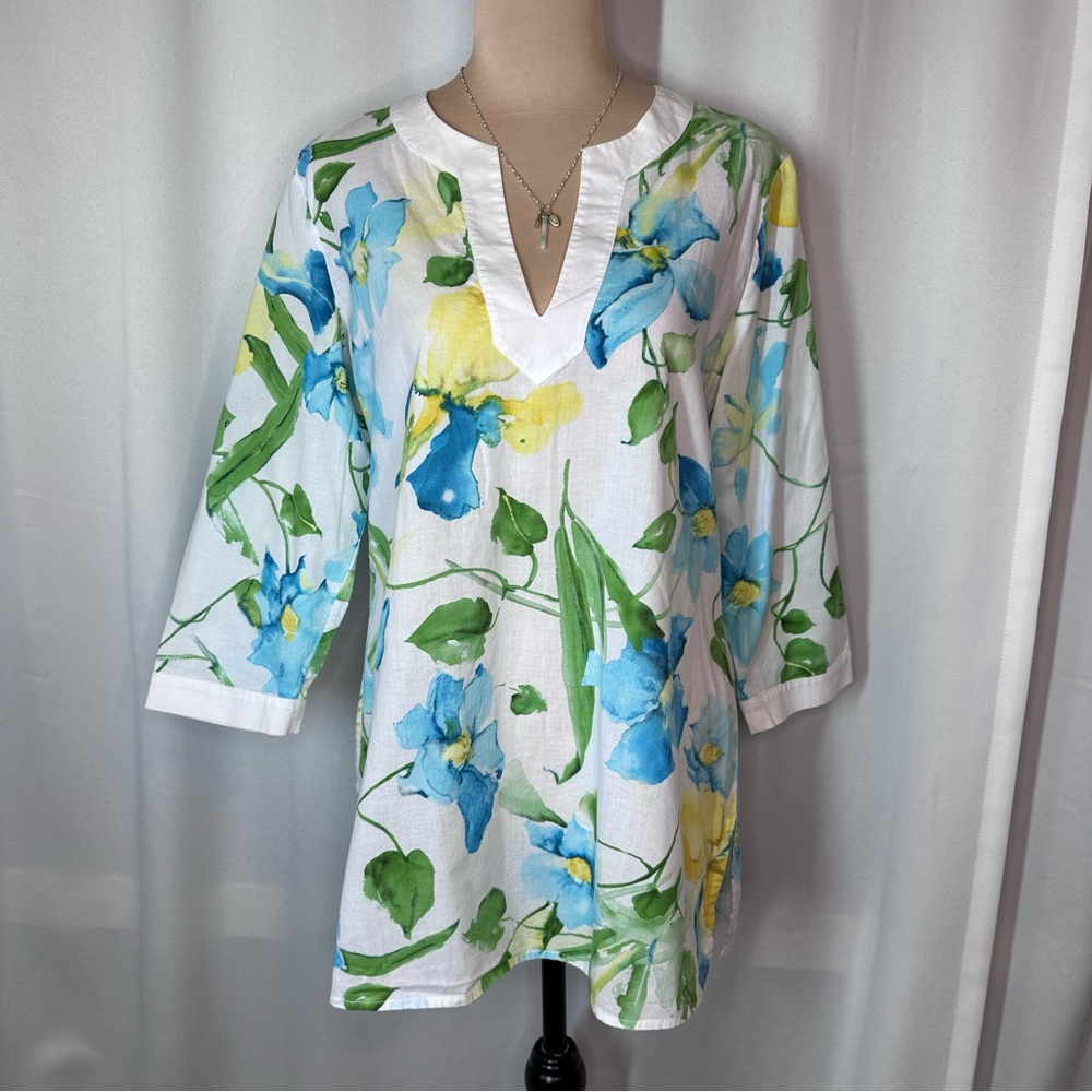 Jones New York Signature Tunic Sz M Top Floral Watercolor Resort Preppy Casual